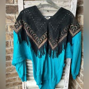 Vtg Miller Outerwear Leather/Knit Woman Sweater Southwestern Fringe small blue .